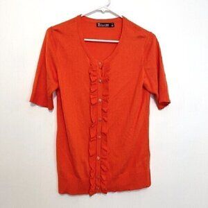 NEW YORK & COMPANY NY&CO Solid Orange Ruffle Short Elbow Sleeve Cardigan Sweater